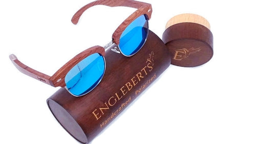 Sonnenbrille aus 100 % Echtem Brasilianischem Birnenholz mit Eisblauen Gläsern
